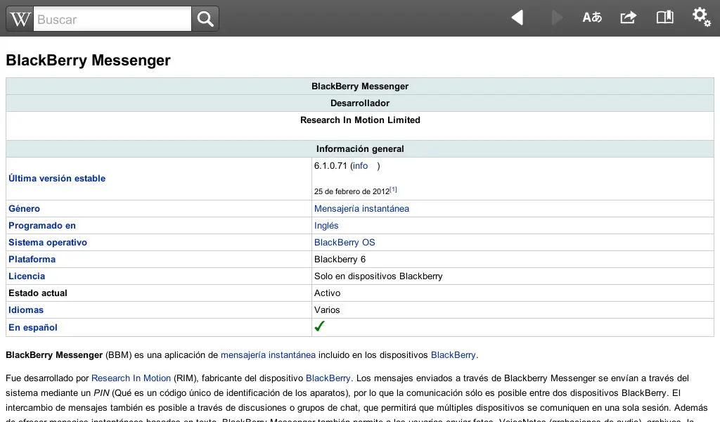 Disponible Wikipedia para BlackBerry PlayBook