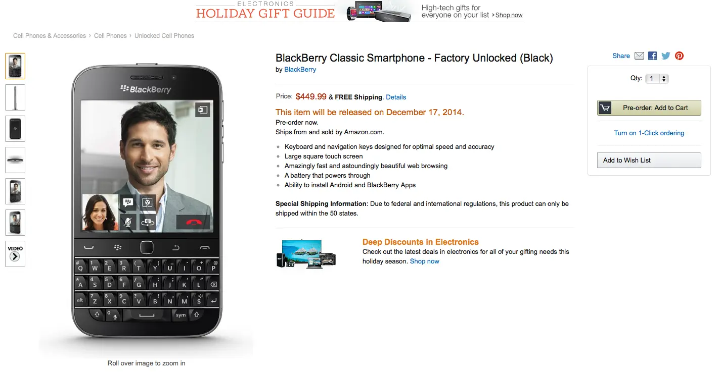 BlackBerry Classic ahora en preventa desde Amazon