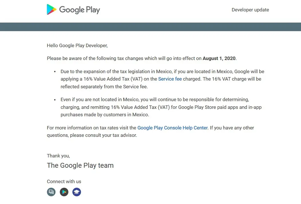 Google Play recuerda los cambios en impuestos para México