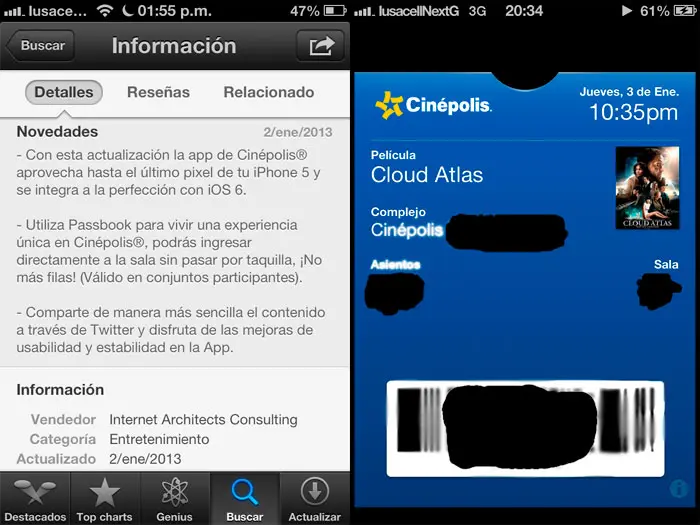 Screenshots de boleto Cinépolis en Passbook iOS