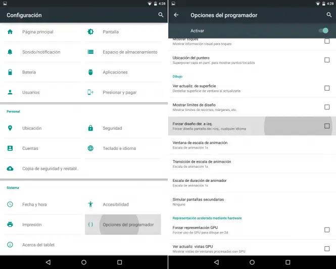 Opciones del programador y opción de Forzar diseño derecha a izquierda en Android 5.0 Lollipop