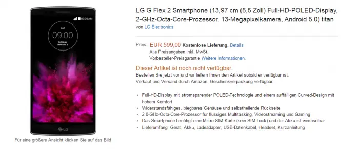 LG G Flex 2 en preventa en el sitio alemán de Amazon 