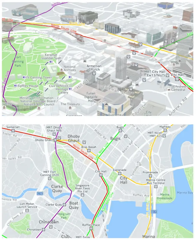Mapa de Singapur con líneas de transporte mejoradas respecto a la geografía