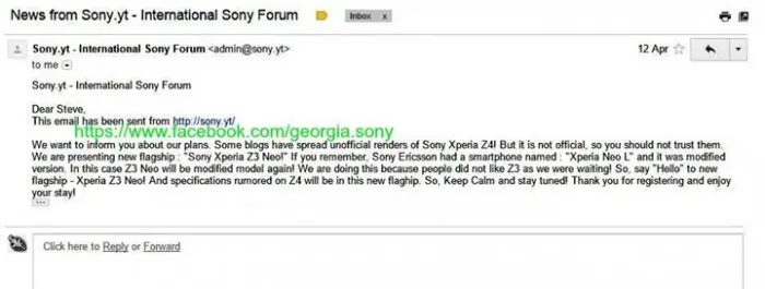 E-mail sobre los planes de Sony de lanzar un Xperia Z3 Neo