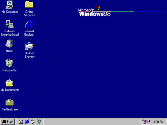 Windows 98 fue el sucesor de Windows 95 con mayor soporte en hardware y un mejor desempeño, añadiendo apps como Active Desktop, Outlook Express, Frontpage Express, Microsoft Chat, y NetMeeting