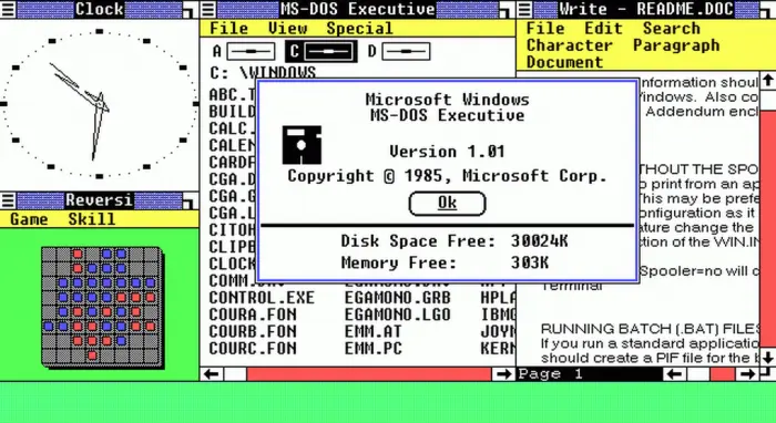 Windows 1.0 introdujo una interfaz gráfica, soporte para mouse e importantes apps
