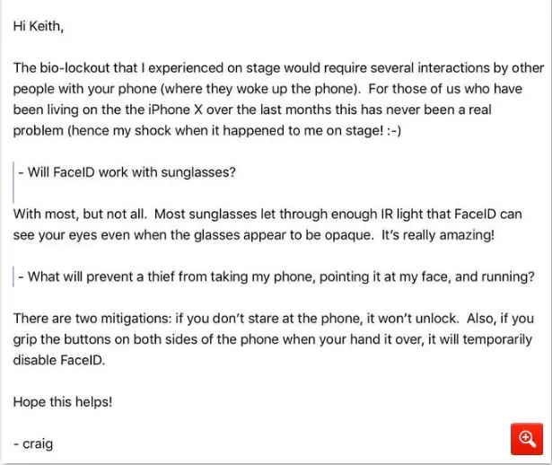 Respuesta de Craig de Apple para Keith, desarrollador de iOS sobre el Face ID