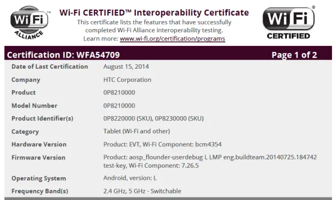 Certificación muestra próximo lanzamiento de la tablet Flounder de HTC