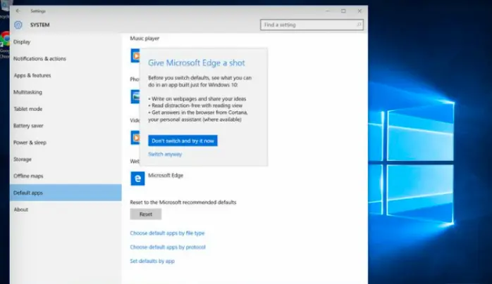 Windows 10 sugiere no cambiar Microsoft Edge