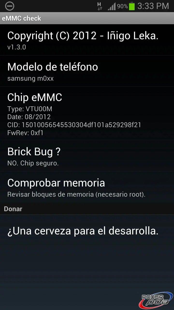 Bug de Muerte Súbita en Samsung Galaxy S 3, Screenshot de la APP eMMC Brickbug