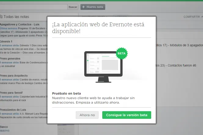Evernote te invita a probar la versión BETA de su nueva interfaz web