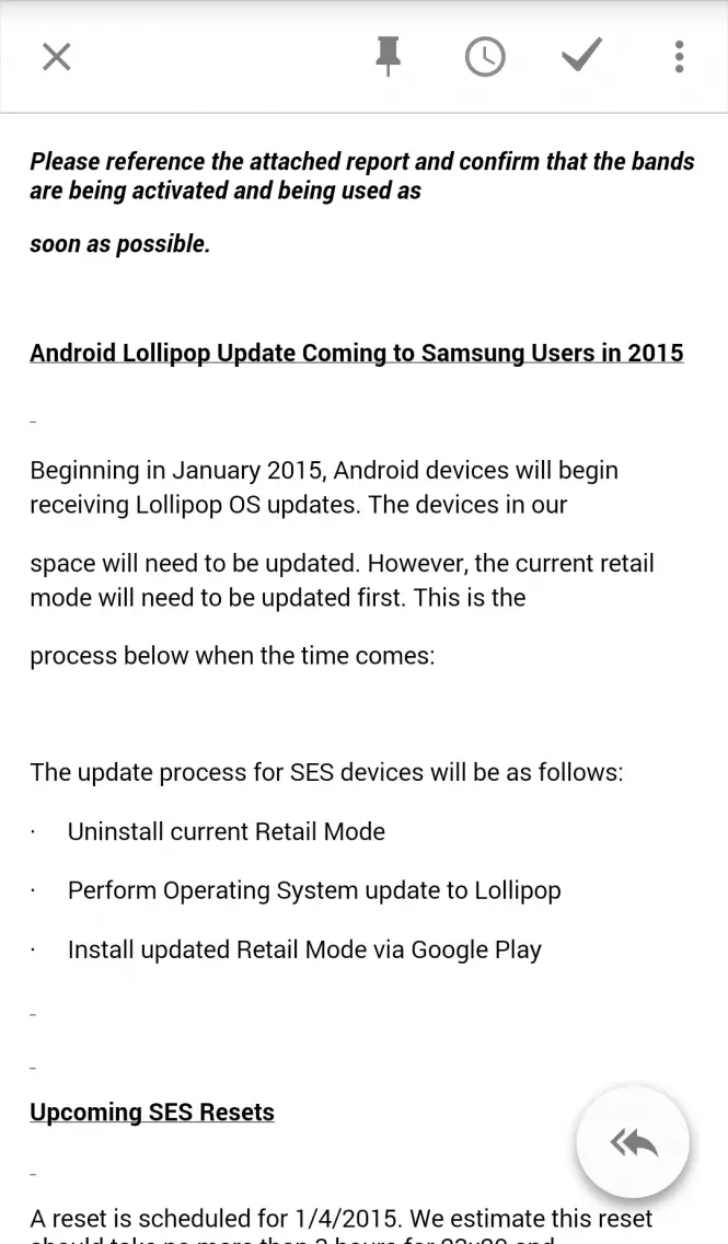 Supuesta captura del correo de Samsung sobre la actualización de sus dispositivos a Lollipop.