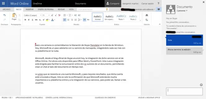 Funcionamiento de Skype en Word Online