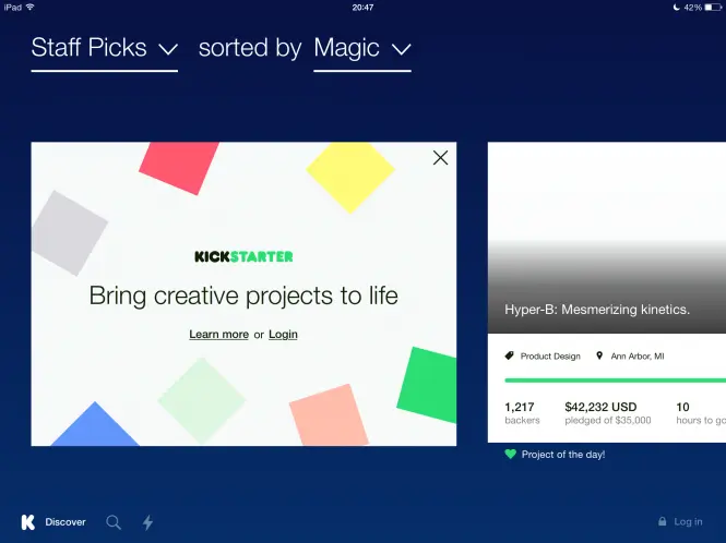 Diseño de la nueva app de Kickstarter compatible con el iPad