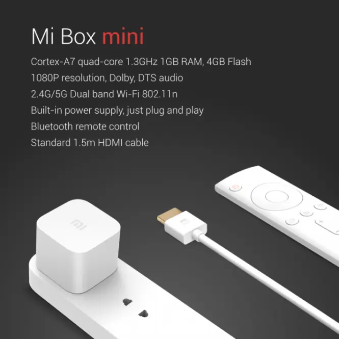 Xiaomi Mi Box Mini con su control Bluetooth y cable HDMI