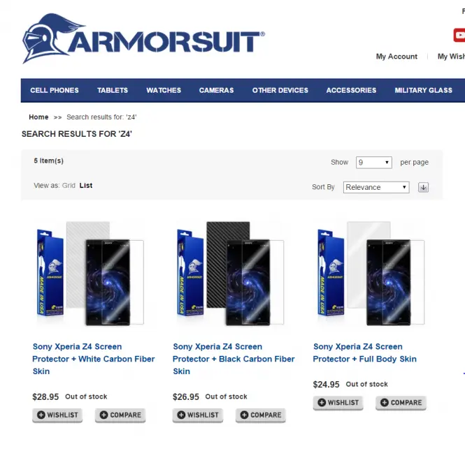 Página de ArmorSuit mostrando accesorios para el Xperia Z4