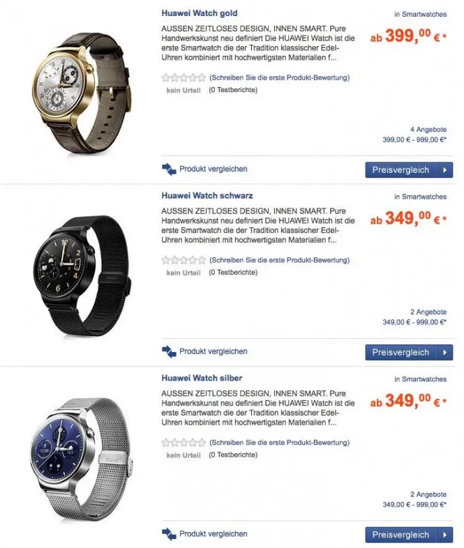 Precios del Huawei Watch en un sitio alemán