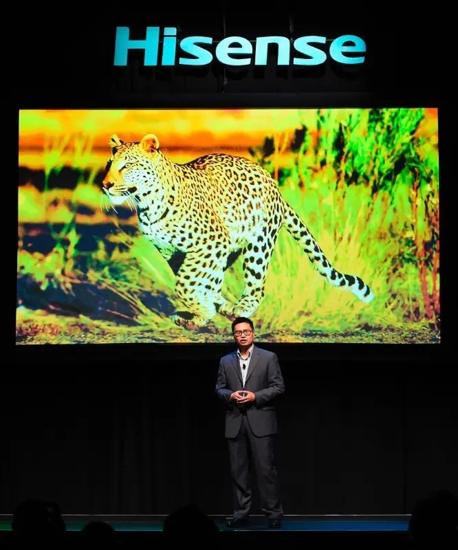 Jerry Liu, CEO, Hisense Americas, unveils the latest innovations in display technology during the Hisense 2016 CES Press Conference at the 2016 International CES inside the Mandalay Bay Convention Center on Tuesday, January 5, 2016, in Las Vegas. (Photo by Jeff Bottari/AP Images for Hisense) (PRNewsFoto/Hisense)