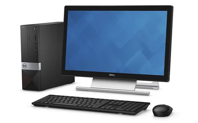 Dell Vostro 3250 Small Form Factor desktop, codename Tahoe Mainstream with red accent color. Other featured products are a Dell S2240T monitor, and Dell KM636 wireless keyboard and mouse, codename Persian.