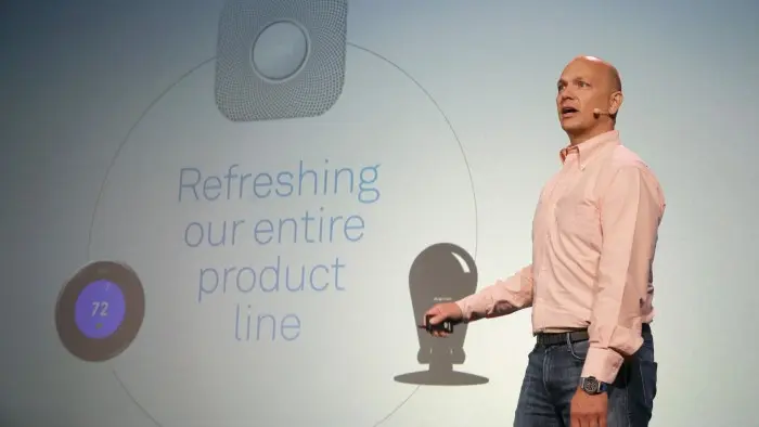 Nest CEO Tony Fadell talks about his company's product updates during a press conference Wednesday, June 17, 2015, in San Francisco. Google's Nest Labs is releasing new versions of its surveillance video camera and talking smoke detector as part of its attempt to turn homes into yet another thing that can be controlled and tracked over the Internet. (AP Photo/Eric Risberg)