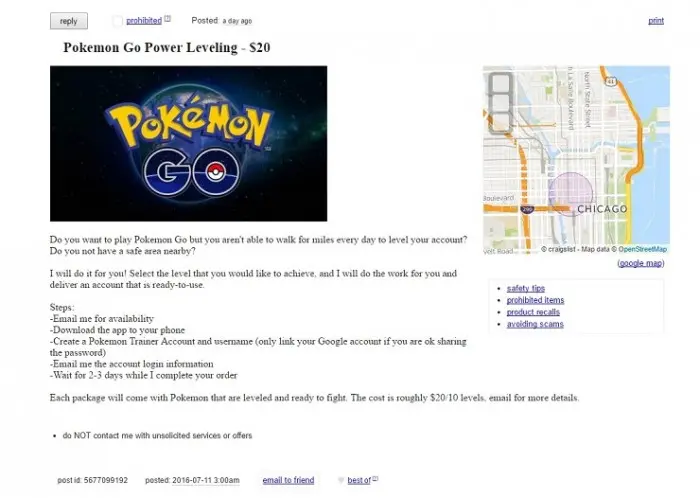 Craigslist, usuario vende servicio para aumentar de nivel Pokémon Go