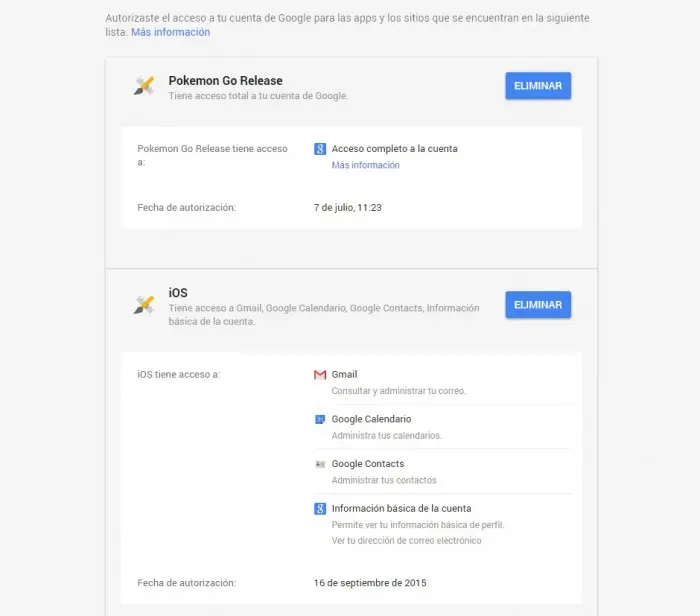 Permisos Gmail Pokémon Go