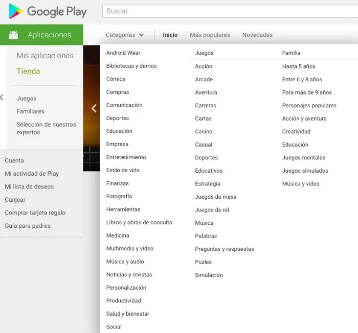 google play store categorias