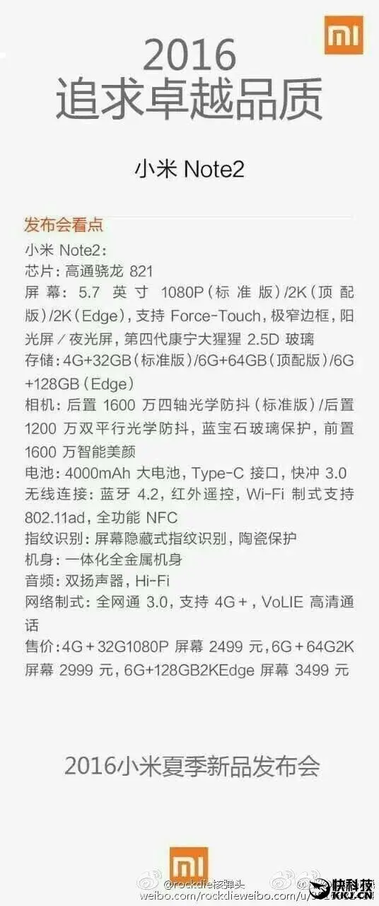 Especificaciones Xiaomi Mi Note 2