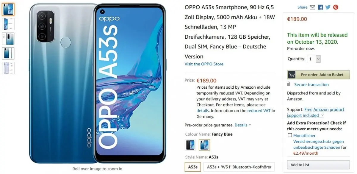 El Oppo A53s aparece listado en Amazon con todo y sus especificaciones